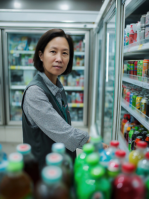 JPG 편집이미지 여자 음료 음식 중년 조명 한국 일상 쇼핑 상점 고객 직원 정리 마트 냉장고 소매 의료성형뷰티 편집실사 AI인물포토 AI콘텐츠 아시아 사람 성인 라이프 가전제품 CG 파일형식 AI포토