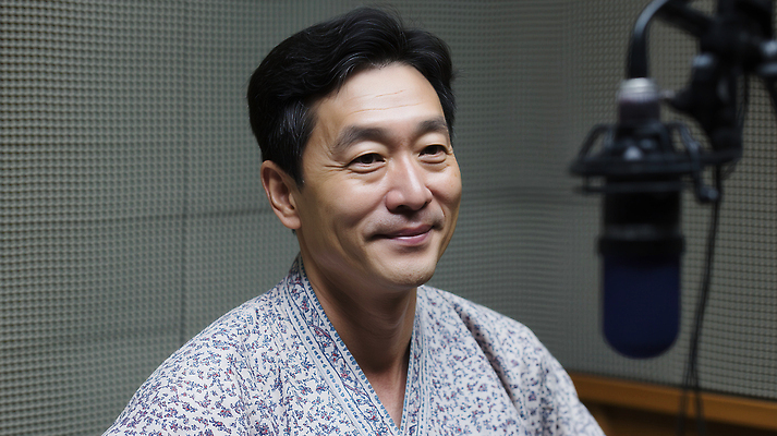 JPG 편집이미지 남자 문화 음악 중년 스튜디오 대화 미소 분위기 전통의상 마이크 라디오 방송 연예인 인터뷰 진행 소통 의료성형뷰티 편집실사 AI인물포토 AI콘텐츠 직업 전통 음향기기 컨셉 문화예술 표정 말하기 사람 성인 전자제품 CG 파일형식 AI포토