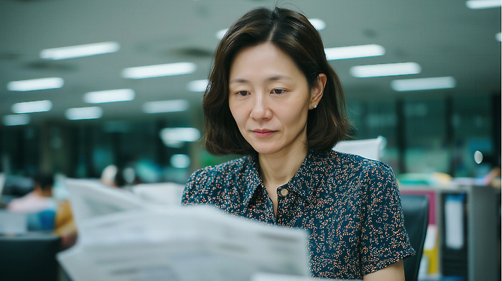 JPG 편집이미지 여자 중년 생각 모션 커뮤니케이션 조명 직장 대화 일상 사무실 독서 환경 자료 신문 집중 의료성형뷰티 편집실사 AI인물포토 AI콘텐츠 컨셉 회사 비즈니스 말하기 사람 성인 라이프 간행물 뉴스 CG 파일형식 AI포토