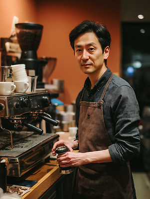 JPG 편집이미지 직업 커피 음료 중년 조명 카페 도구 작업 커피메이커 계산대 고객 바리스타 전문 의료성형뷰티 편집실사 AI인물포토 AI콘텐츠 성인 상점 CG 커피용품 파일형식 AI포토