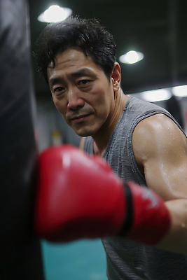 JPG 편집이미지 남자 스포츠 중년 운동 헬스 주먹 권투 글러브 집중 연습 체육관 열정 강렬 의료성형뷰티 편집실사 AI인물포토 AI콘텐츠 감정 스포츠용품 장갑 컨셉 모션 건강 사람 성인 격투기 CG 파일형식 AI포토