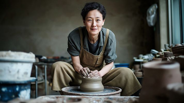 JPG 편집이미지 손 여자 예술 중년 수업 기술 공간 도구 작업 분위기 제조 도자기공예 작품 점토 장인 창의성 의료성형뷰티 편집실사 AI인물포토 AI콘텐츠 교육 컨셉 미술 사람 성인 신체부위 공예 CG 파일형식 AI포토