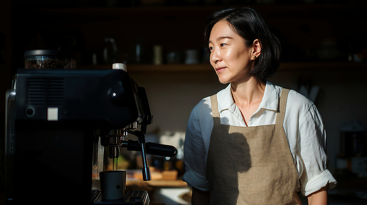 JPG 편집이미지 직업 커피 음료 중년 아침 미소 햇빛 카페 분위기 편안함 고객 서비스 모던 준비 바리스타 의료성형뷰티 편집실사 AI인물포토 AI콘텐츠 주간 컨셉 표정 성인 태양 상점 감각 CG 파일형식 AI포토