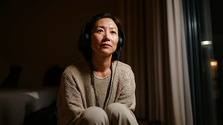 JPG 편집이미지 여자 감정 중년 생각 조명 헤드폰 소리 공간 방 듣기 시간 분위기 저녁 편안함 집중 사색 의료성형뷰티 편집실사 AI인물포토 AI콘텐츠 음향기기 컨셉 모션 사람 성인 감각 야간 CG 파일형식 AI포토