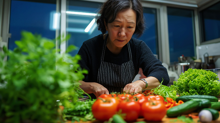 JPG 편집이미지 할머니 음식 중년 채소 재료 식탁 요리 주방 신선 저녁 집중 준비 레시피 손질 건강식 다듬기 의료성형뷰티 편집실사 AI인물포토 AI콘텐츠 여자 노년 컨셉 모션 탁자 성인 야간 CG 파일형식 AI포토