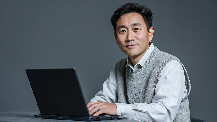 JPG 편집이미지 남자 중년 포즈 기술 표정 노트북 컴퓨터 사무실 회색 조끼 작업 집중 의료성형뷰티 편집실사 AI인물포토 AI콘텐츠 컬러 컨셉 비즈니스 사람 성인 전자제품 외투 CG 파일형식 AI포토