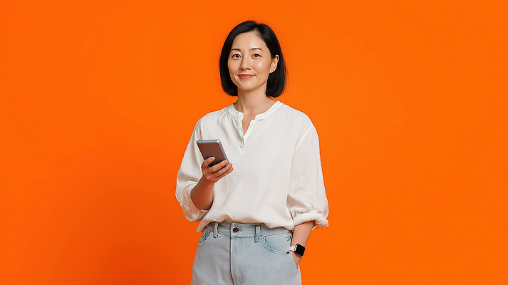 JPG 편집이미지 옷 여자 패션 중년 백그라운드 사람 일상 스마트폰 주황색 자신감 모던 소통 의료성형뷰티 Technology 편집실사 AI인물포토 AI콘텐츠 감정 컬러 컨셉 성인 라이프 핸드폰 스마트기기 CG 파일형식 AI포토