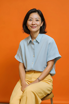 JPG 편집이미지 옷 여자 중년 포즈 백그라운드 표정 미소 사람 앉기 노란색 주황색 편안함 청록색 프로필 의료성형뷰티 스타일 편집실사 AI인물포토 AI콘텐츠 컬러 모션 성인 감각 CG 파일형식 AI포토