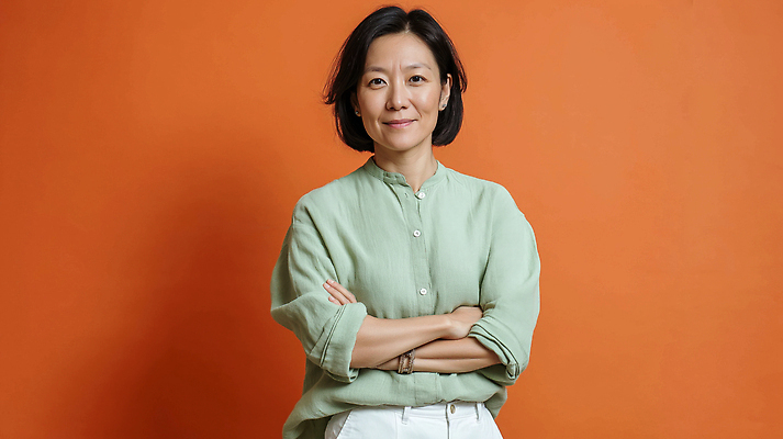 JPG 편집이미지 여자 패션 컬러 중년 포즈 백그라운드 셔츠 표정 미소 카메라 사진촬영 주황색 자신감 소통 특징 의료성형뷰티 스타일 편집실사 AI인물포토 AI콘텐츠 감정 컨셉 상의 사람 성인 전자제품 촬영 CG 파일형식 AI포토