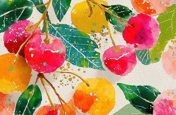 JPG 디자인 예술 컬러 잎 과일 일러스트 자연 수채화 미술 풍경 표현 과일나무 그림 장면 채색 뷰티풀 색채 창작 아기자기 국내일러스트 AI일러스트 AI콘텐츠 나무 식물 컨셉 문화예술 생태계 파일형식