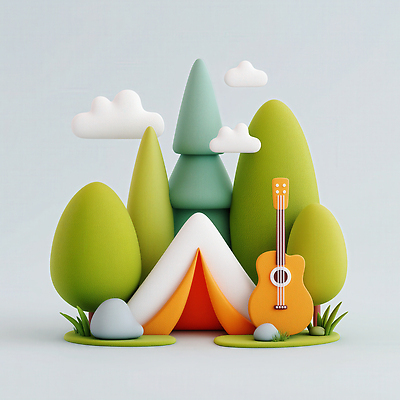 JPG 모양 나무 구름 편집이미지 음악 컬러 자연 텐트 풍경 초록색 여름 야외활동 평화 소리 캠핑 기타 편집3D AI컴퓨터그래픽 AI콘텐츠 자연요소 식물 계절 컨셉 현악기 레저 문화예술 캠핑도구 3D 생태계 파일형식