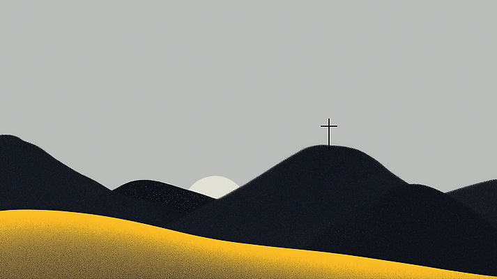 JPG 기독교 종교 십자가 일러스트 자연 아침 산 한국 풍경 빛 햇빛 평화 일출 검은색 어둠 조화 눈부심 논밭 국내일러스트 AI일러스트 AI콘텐츠 주간 아시아 컬러 컨셉 밭 논 태양 노을 생태계 파일형식