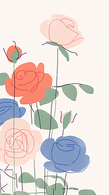 JPG 모양 식물 디자인 꽃 선 컬러 백그라운드 일러스트 자연 추상 미술 빨간색 파란색 장미 그림 화사함 조화 뷰티풀 창의력 디지털아트 국내일러스트 AI일러스트 AI콘텐츠 컨셉 무늬 문화예술 생태계 파일형식