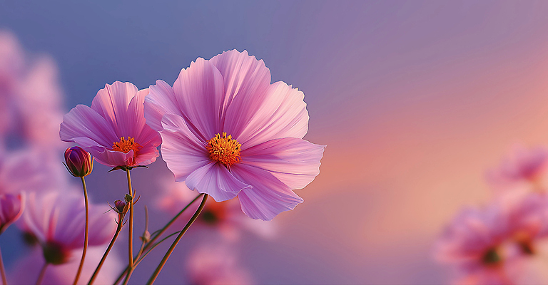 JPG 식물 편집이미지 꽃 분홍색 자연 하늘 날씨 풍경 여름 파란색 주황색 저녁 코스모스 그라데이션 만개 뷰티풀 편집3D AI포토 AI콘텐츠 계절 컬러 3D 야간 생태계 파일형식