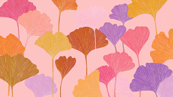 JPG 디자인 예술 분홍색 컬러 백그라운드 잎 패턴 일러스트 자연 생물 그래픽 장식 모던 은행잎 조화 뷰티풀 생동감 창의력 스타일 국내일러스트 AI일러스트 AI콘텐츠 식물 무늬 생태계 파일형식