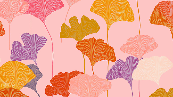 JPG 식물 디자인 예술 분홍색 컬러 백그라운드 잎 패턴 일러스트 자연 생명 장식 인테리어 가을 은행나무 조화 뷰티풀 색채 스타일 국내일러스트 AI일러스트 AI콘텐츠 나무 계절 무늬 생태계 파일형식