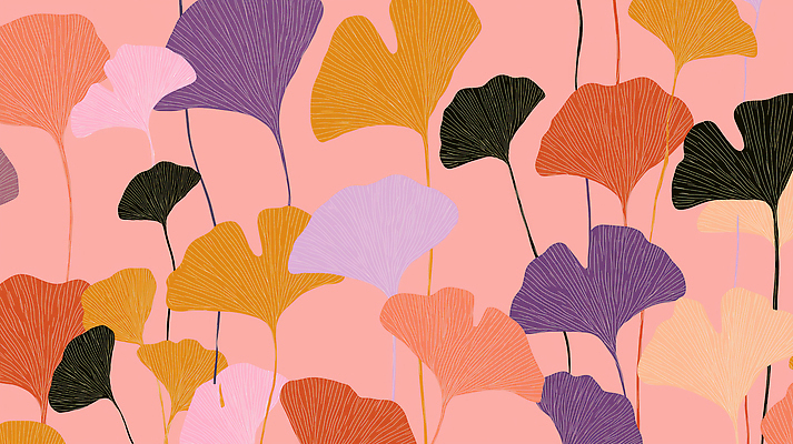 JPG 식물 디자인 예술 분홍색 컬러 백그라운드 잎 패턴 일러스트 자연 생명 보라색 검은색 주황색 표현 화사함 은행나무 조화 꾸밈 색감 국내일러스트 AI일러스트 AI콘텐츠 나무 컨셉 무늬 생태계 파일형식