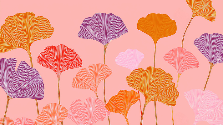 JPG 디자인 꽃 예술 분홍색 컬러 백그라운드 잎 패턴 일러스트 자연 표현 감각 그림 은행나무 조화 뷰티풀 창의성 국내일러스트 AI일러스트 AI콘텐츠 나무 식물 무늬 생태계 파일형식