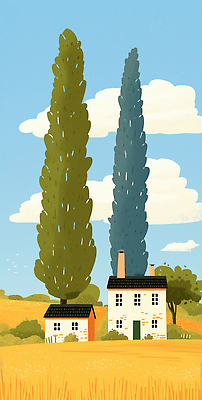 JPG 나무 여유 일러스트 자연 하늘 주택 따뜻함 풍경 초원 그래픽 파란색 햇빛 평화 환경 고요 농촌 시골 조용 클라우드서비스 국내일러스트 AI일러스트 AI콘텐츠 식물 감정 컬러 컨셉 건물 태양 서비스 생태계 파일형식