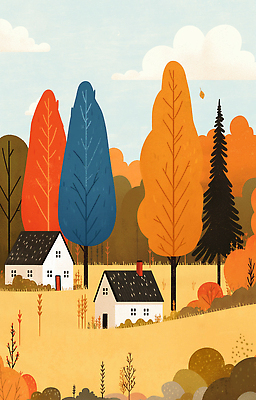 JPG 나무 컬러 단풍 일러스트 자연 하늘 주택 따뜻함 풍경 잔디 파란색 주황색 고요 가을 시골 변화 뷰티풀 국내일러스트 AI일러스트 AI콘텐츠 식물 계절 컨셉 잎 건물 생태계 파일형식