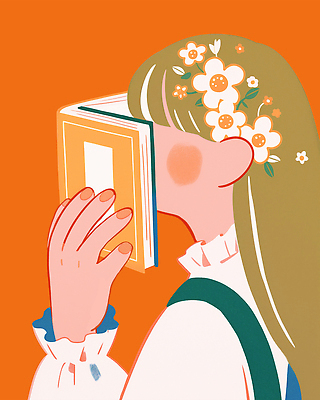PSD 헤어스타일 꽃 감정 백그라운드 일러스트 커뮤니케이션 소녀 책 여름 평화 주황색 감각 읽기 그림 이미지 머리장식 뷰티풀 창의력 스타일 국내일러스트 식물 계절 여자 어린이 컬러 컨셉 모션 장식 파일형식