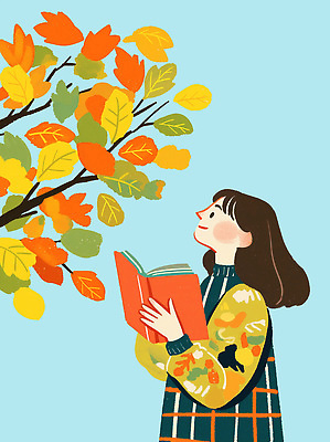 PSD 나무 행복 감정 컬러 잎 일러스트 자연 이야기 풍경 소녀 야외 일상 책 여름 독서 가을 즐거움 개성 상상력 순간 국내일러스트 식물 계절 여자 어린이 라이프 생태계 파일형식