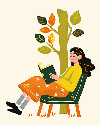 PSD 나무 문자 여자 컬러 의자 일러스트 자연 휴식 주택 따뜻함 풍경 취미 책 초록색 독서 노란색 주황색 가을 편안함 즐거움 국내일러스트 식물 계절 감정 가구 컨셉 사람 건물 감각 생태계 파일형식