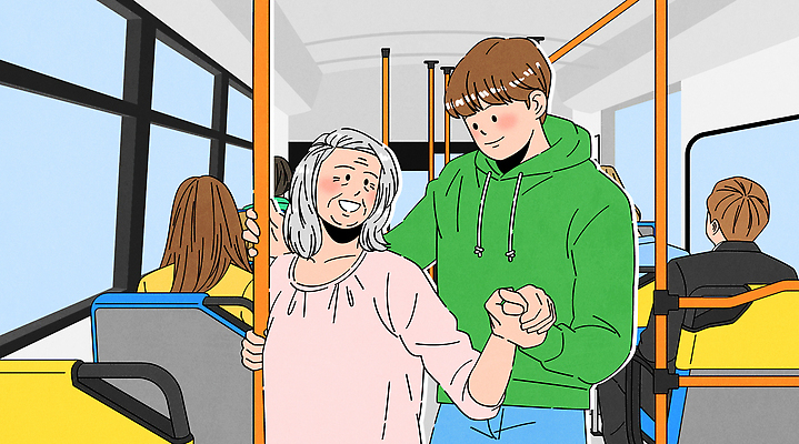 행복 할머니 이동 일러스트 커뮤니케이션 친절 버스 대중교통 따뜻함 대화 여러명 청년 일상 손잡기 도움 승객 교류 배려 국내일러스트 AI파일 여자 노년 감정 육상교통 교통수단 다수 컨셉 모션 말하기 사람 성인 라이프 파일형식 벡터