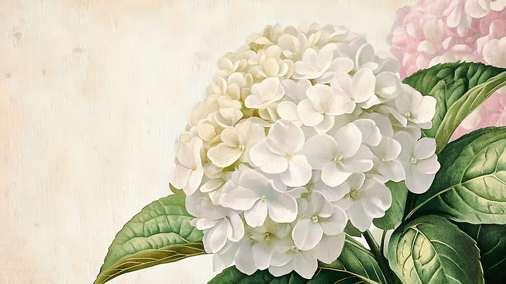 JPG 식물 꽃잎 꽃 컬러 백그라운드 잎 일러스트 자연 생명 정원 봄 흰색 분위기 화사함 수국 온도 조화 만개 뷰티풀 국내일러스트 AI일러스트 AI콘텐츠 계절 컨셉 생태계 파일형식