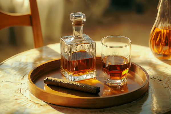 JPG 편집이미지 음료 탁자 잔 주류 담배 햇빛 갈색 분위기 고급 저녁 편안함 오브젝트 나무쟁반 위스키 편집실사 AI포토 AI콘텐츠 식기 컬러 가구 컨셉 쟁반 목재 태양 감각 야간 CG 파일형식