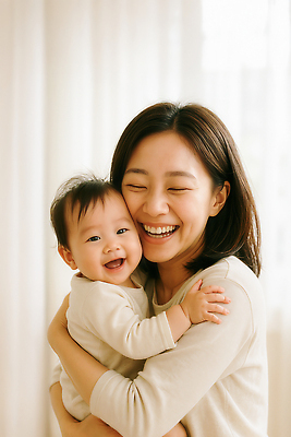 JPG 편집이미지 행복 어린이 가족 포옹 엄마 실내 따뜻함 표정 사랑 웃음 기쁨 아기 틈 순간 의료성형뷰티 편집실사 AI인물포토 AI콘텐츠 감정 관계 안기 사람 내부 CG 파일형식 AI포토