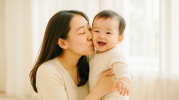 JPG 편집이미지 행복 감정 가족 포옹 엄마 키스 실내 따뜻함 사랑 웃음 부모 자녀 아기 순간 의료성형뷰티 편집실사 AI인물포토 AI콘텐츠 관계 안기 표정 사람 내부 CG 애정표현 파일형식 AI포토