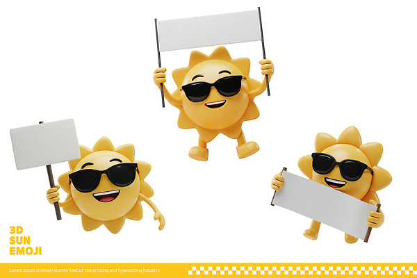 PSD 편집이미지 캐릭터 디자인 표정 여름 태양 노란색 3D 기쁨 현수막 메시지 즐거움 애니메이션 소통 이모지 편집3D 자연요소 계절 감정 컬러 컨셉 디지털합성 파일형식