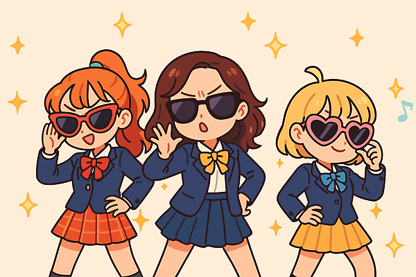 캐릭터 학생 여학생 교복 포즈 백그라운드 일러스트 학교 모션 웃음 여름 친구 빛 반짝임 선글라스 자유 자신감 그룹 즐거움 애니메이션 스타일 국내일러스트 일러캐릭터 AI파일 옷 계절 여자 교육 감정 안경 컨셉 관계 표정 파일형식 벡터