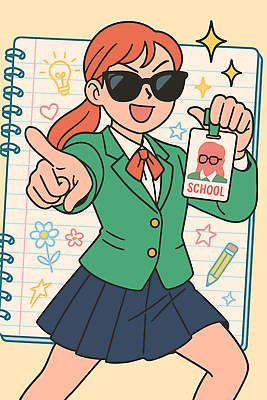 캐릭터 학생 디자인 여학생 패션 컬러 포즈 백그라운드 일러스트 학교 모션 미소 치마 공책 재킷 긍정 창의성 학생증 스타일 국내일러스트 일러캐릭터 AI파일 여자 교육 컨셉 하의 문구용품 표정 외투 카드 파일형식 벡터