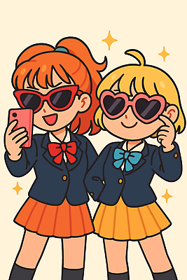 패션 교복 분홍색 일러스트 학교 협력 표정 웃음 소녀 여름 친구 선글라스 유행 촬영 고양이 즐거움 스타일 동창모임 국내일러스트 하이틴 AI파일 옷 계절 여자 교육 감정 안경 어린이 컬러 컨셉 포유류 관계 반려동물 모임 파일형식 벡터