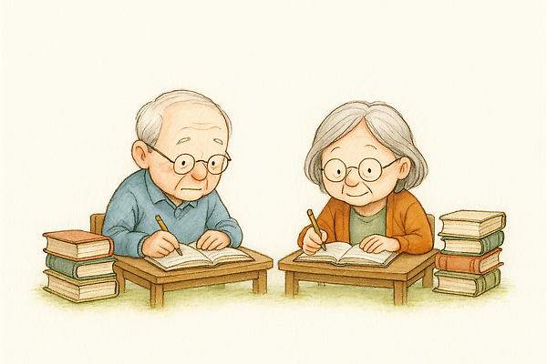 JPG 커플 노년 행복 여유 일러스트 조명 이야기 취미 일상 라이프 책 학습 독서 교양 기록 메모지 시간 연령 집중 책상 성격 국내일러스트 AI일러스트 AI콘텐츠 교육 감정 가구 컨셉 관계 성인 생활 사무용품 파일형식