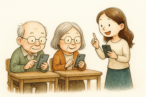 JPG 전통 교육 노년 일러스트 수업 친절 기술 스마트폰 학습 디지털 교양 도움 체험 강의 소통 소셜미디어 이해 세대차이 국내일러스트 AI일러스트 AI콘텐츠 컨셉 성인 핸드폰 스마트기기 파일형식