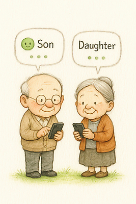 JPG 할아버지 노년 행복 할머니 일러스트 가족 기술 대화 사랑 웃음 생활 친구 스마트폰 디지털 정보 자녀 연결 세대 편리함 소통 국내일러스트 AI일러스트 AI콘텐츠 여자 남자 감정 컨셉 관계 표정 말하기 성인 핸드폰 스마트기기 파일형식