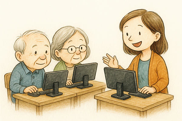 JPG 교육 노년 일러스트 수업 미래 협력 친절 기술 대화 학습 컴퓨터 강사 교양 체험 사회 즐거움 기초 소통 관심 긍정적 컴퓨터수업 국내일러스트 AI일러스트 AI콘텐츠 직업 감정 컨셉 말하기 성인 전자제품 공동체 파일형식