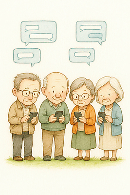 JPG 라이프스타일 노년 감정 일러스트 가족 커뮤니케이션 기술 대화 미소 웃음 친구 스마트폰 디지털 체험 연결 즐거움 세대 소통 친목 국내일러스트 AI일러스트 AI콘텐츠 컨셉 관계 표정 말하기 성인 생활 핸드폰 스마트기기 파일형식