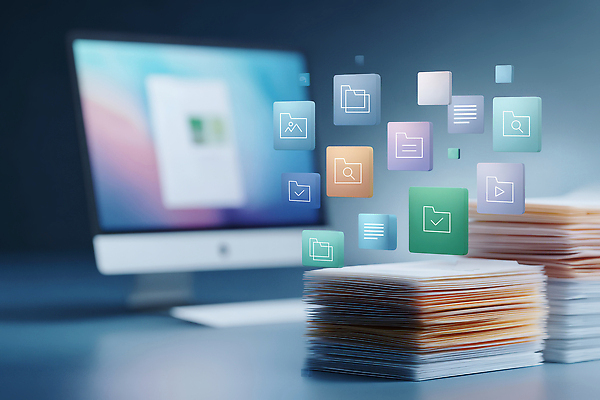 JPG 편집이미지 종이 기술 관리 그래픽 컴퓨터 사무실 디지털 자료 작업 모던 파일 정리 시스템 이미지편집 AI컴퓨터그래픽 AI콘텐츠 비즈니스 전자제품 파일형식