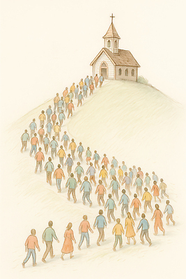 JPG 편집이미지 전통 종교 문화 길 컬러 모션 자연 여러명 교회 축제 공간 모임 도시 언덕 공동체 이미지편집 AI일러스트 AI콘텐츠 다수 종교건축 사람 건물 생태계 파일형식