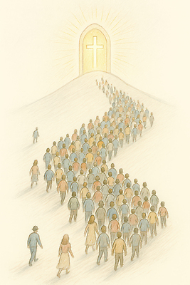 JPG 편집이미지 기독교 종교 길 여러명 빛 문 평화 믿음 희망 연결 출발 공동체 발걸음 이미지편집 AI일러스트 AI콘텐츠 감정 다수 컨셉 사람 파일형식