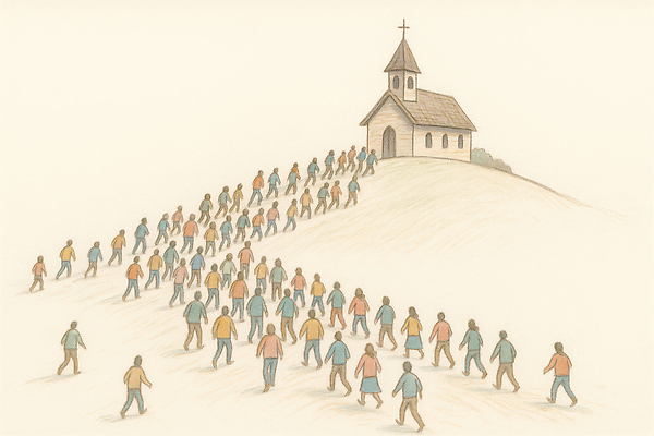 JPG 편집이미지 종교 컬러 이동 여러명 파란색 노란색 교회 평화 걷기 산책 그룹 언덕 장면 공동체 오후 이미지편집 AI일러스트 AI콘텐츠 다수 컨셉 종교건축 모션 휴식 사람 건물 파일형식