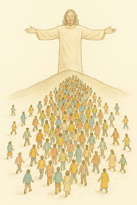 JPG 편집이미지 종교 얼굴 포옹 여러명 평화 희망 예수 군중 그림 예배 환영 공동체 숭배 이미지편집 AI일러스트 AI콘텐츠 감정 다수 컨셉 안기 사람 신체부위 신_종교 파일형식