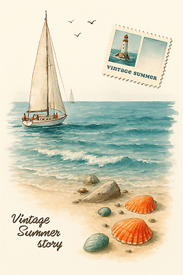 JPG 파도 바다 섬 요트 일러스트 자연 휴가 조개 등대 항해 풍경 해변 여름 항구 일몰 로맨틱 빈티지 뷰티풀 풍경화 국내일러스트 AI일러스트 AI콘텐츠 계절 컨셉 배_교통 교통시설 어패류 노을 그림 생태계 파일형식