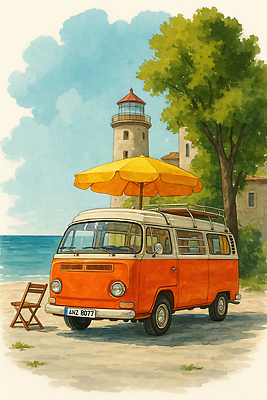 JPG 바다 여행 일러스트 우산 가족 자연 휴식 등대 풍경 해변 야외 여름 친구 소풍 노란색 주황색 편안함 즐거움 캠핑카 국내일러스트 AI일러스트 AI콘텐츠 계절 감정 컬러 컨셉 관계 자동차 야외활동 감각 생태계 파일형식