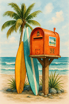 JPG 예술 바다 컬러 여행 일러스트 자연 하늘 휴가 풍경 해변 일상 여름 주황색 우체통 운송업 서핑보드 서핑 열대식물 그림 소통 국내일러스트 AI일러스트 AI콘텐츠 식물 계절 산업 컨셉 라이프 수상스포츠 보드_스포츠 생태계 파일형식