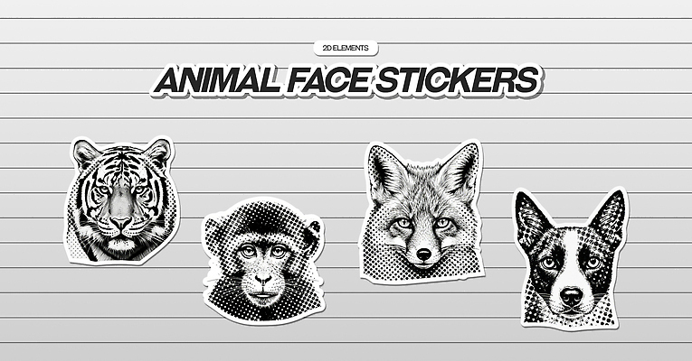 PSD 동물 디자인 얼굴 스티커 일러스트 아이디어 그래픽 장식 원숭이 표현 호랑이 강아지 상품 즐거움 그림 여우 국내일러스트 감정 컨셉 포유류 신체부위 반려동물 개 파일형식